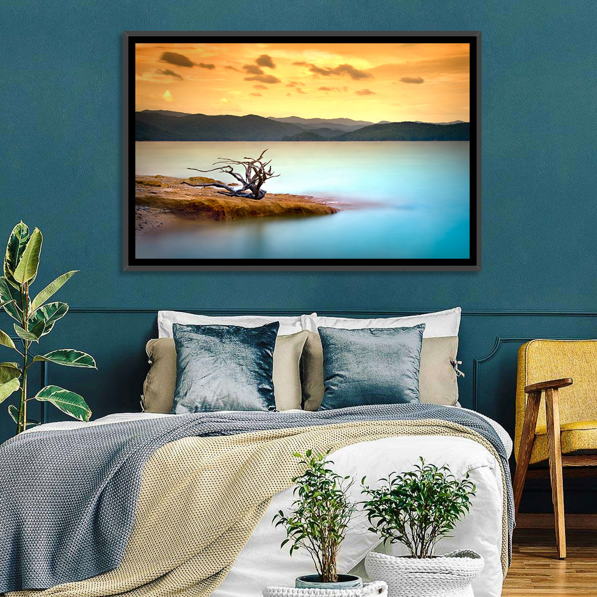 Gnarled Driftwood at Turquoise Lake Wall Art in a room, landscape