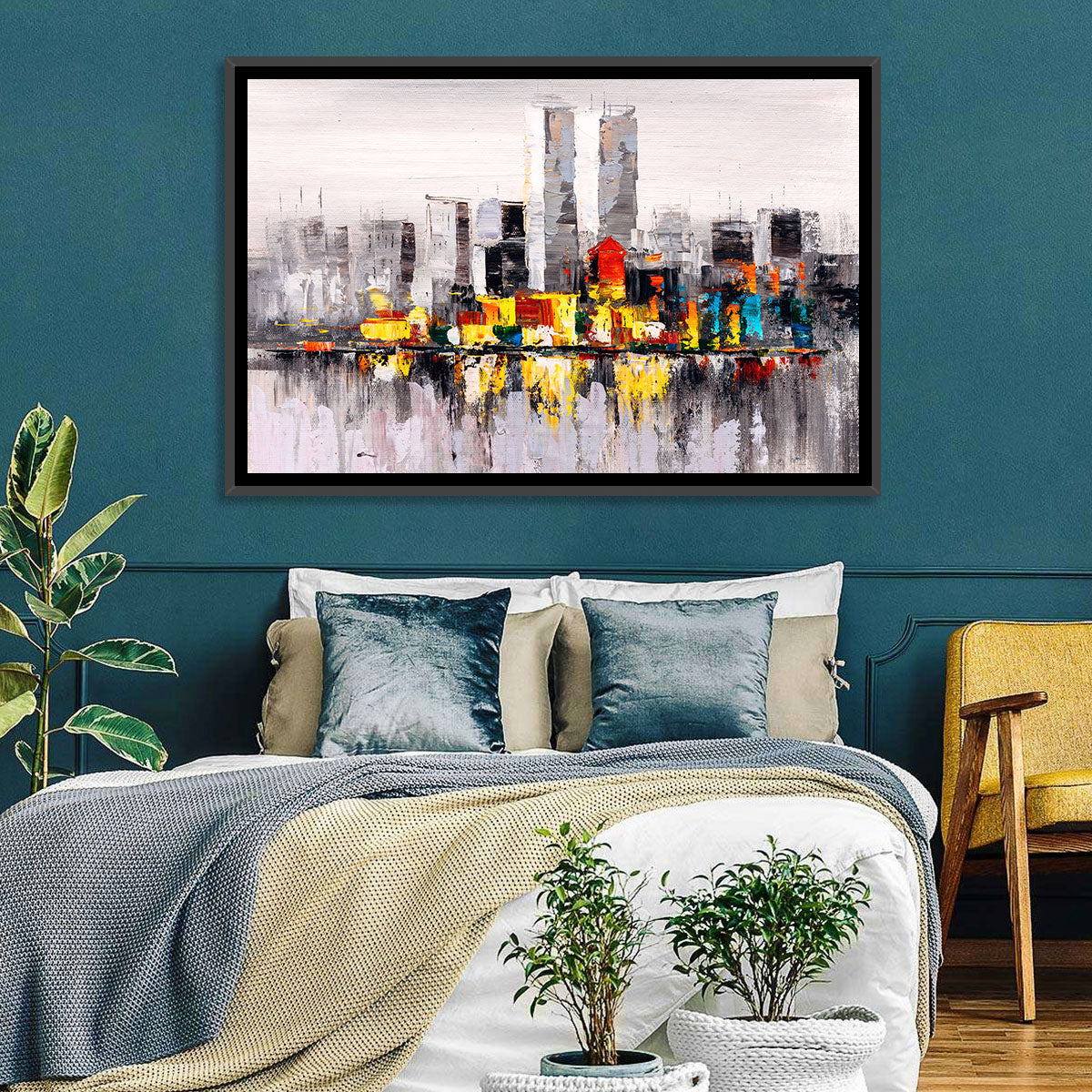 Abstract Skyline with Water Reflection Wall Art in a room, landscape