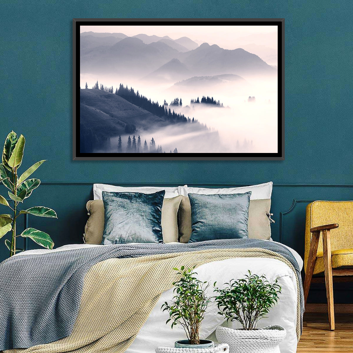 Carpathian Morning Mist Wall Art in a room, landscape