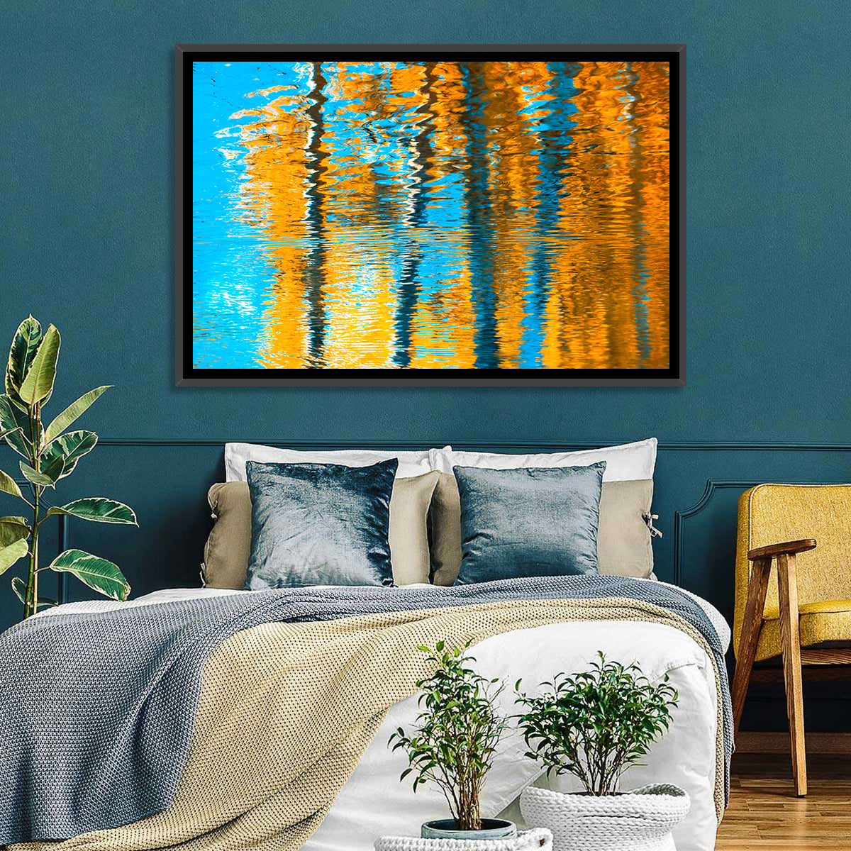 Blue Autumn Reflection Wall Art in a room, landscape