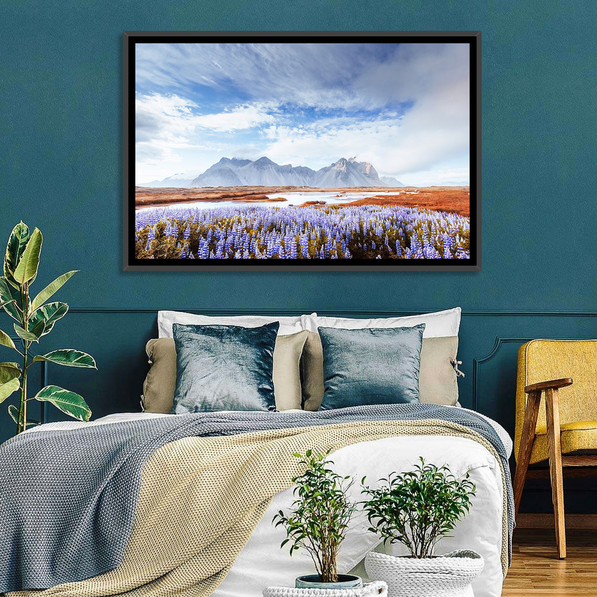 Lupine Fields at Vestrahorn Wall Art in a room, landscape