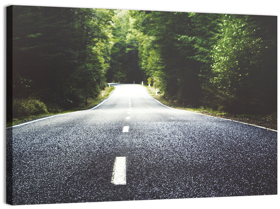 Summer Forest Road with Yellow Sign Wall Art, canvas print, landscape