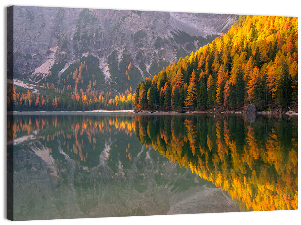 Braies Lake Golden Reflection Wall Art, canvas print, landscape
