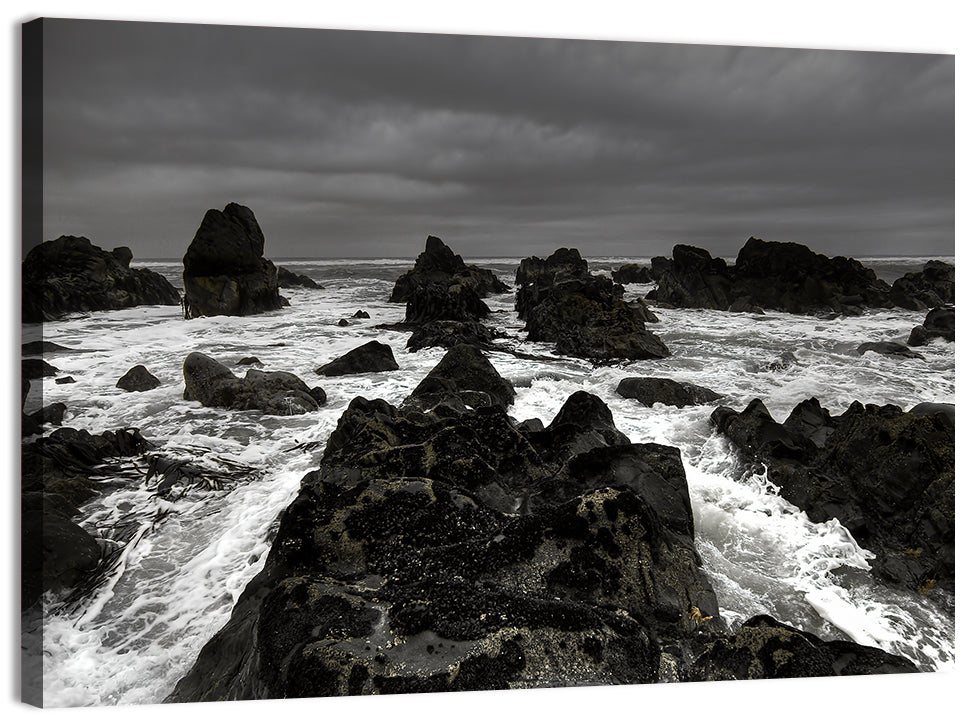 Moody Black and White Rocky Coast Waves Wall Art