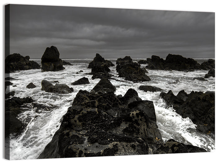 Moody Black and White Rocky Coast Waves Wall Art as a canvas print