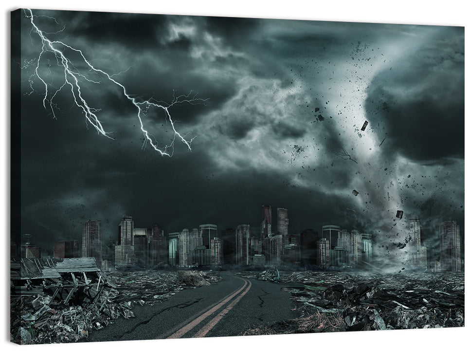 Tornado Over Destroyed City Skyline Wall Art, canvas print, landscape