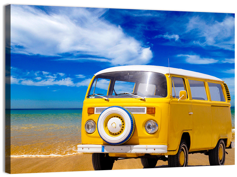 Yellow Vintage Van on Beach Wall Art, canvas print, landscape