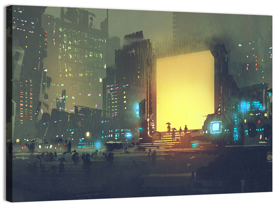Rainy Night City with Glowing Portal Wall Art, canvas print, landscape