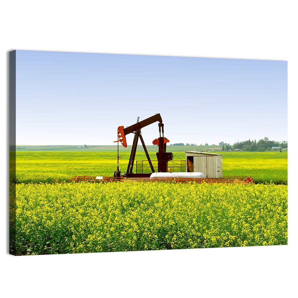 Rusty Pumpjack in Yellow Canola Field Wall Art, canvas print, landscape