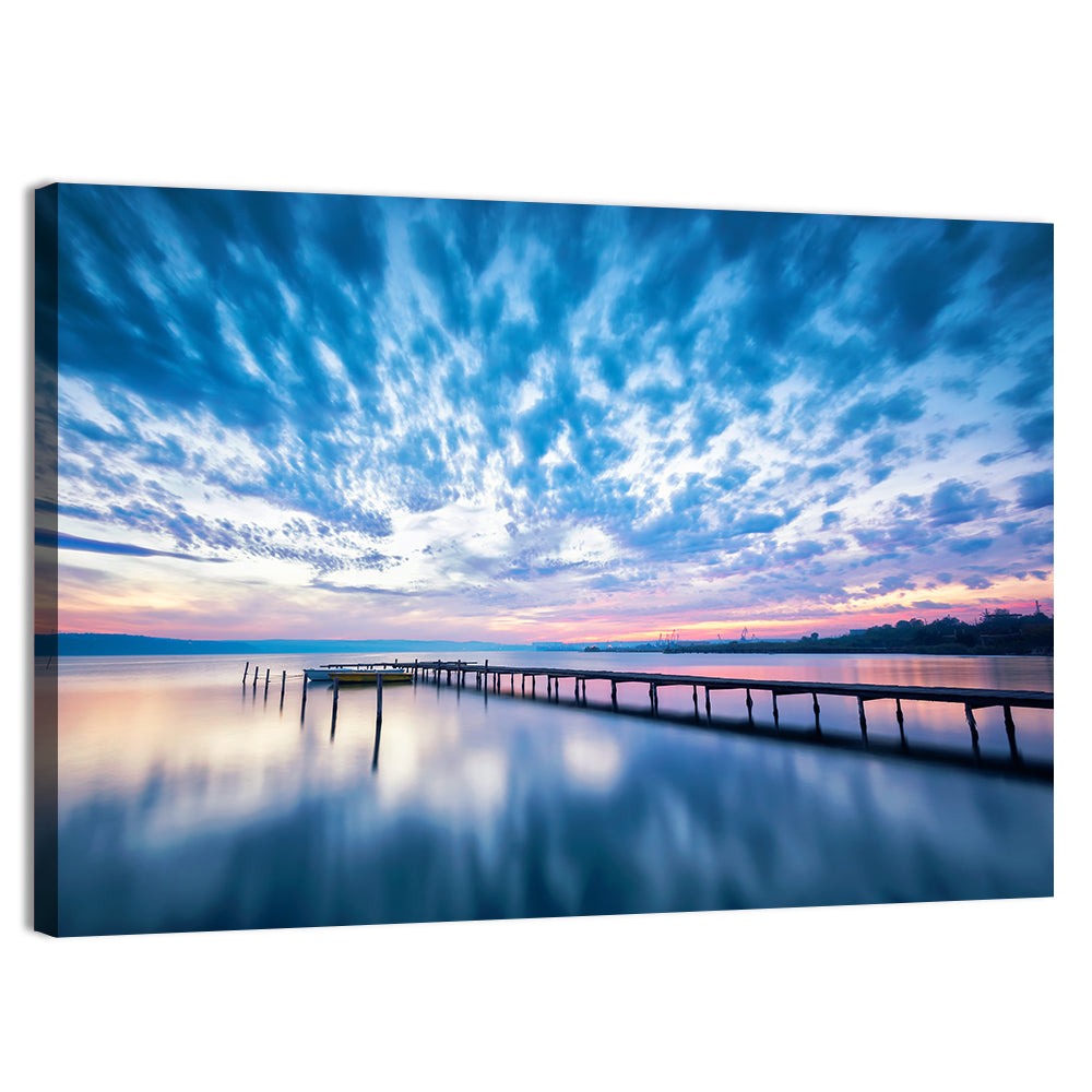 Cloudy Lake Pier at Dusk Wall Art