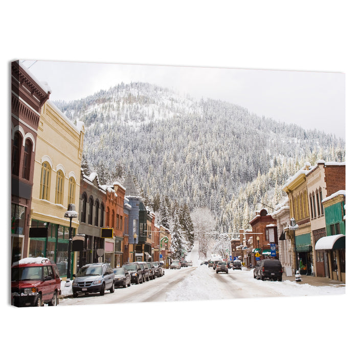 Snow Covered Mountain Main Street Wall Art as a canvas print