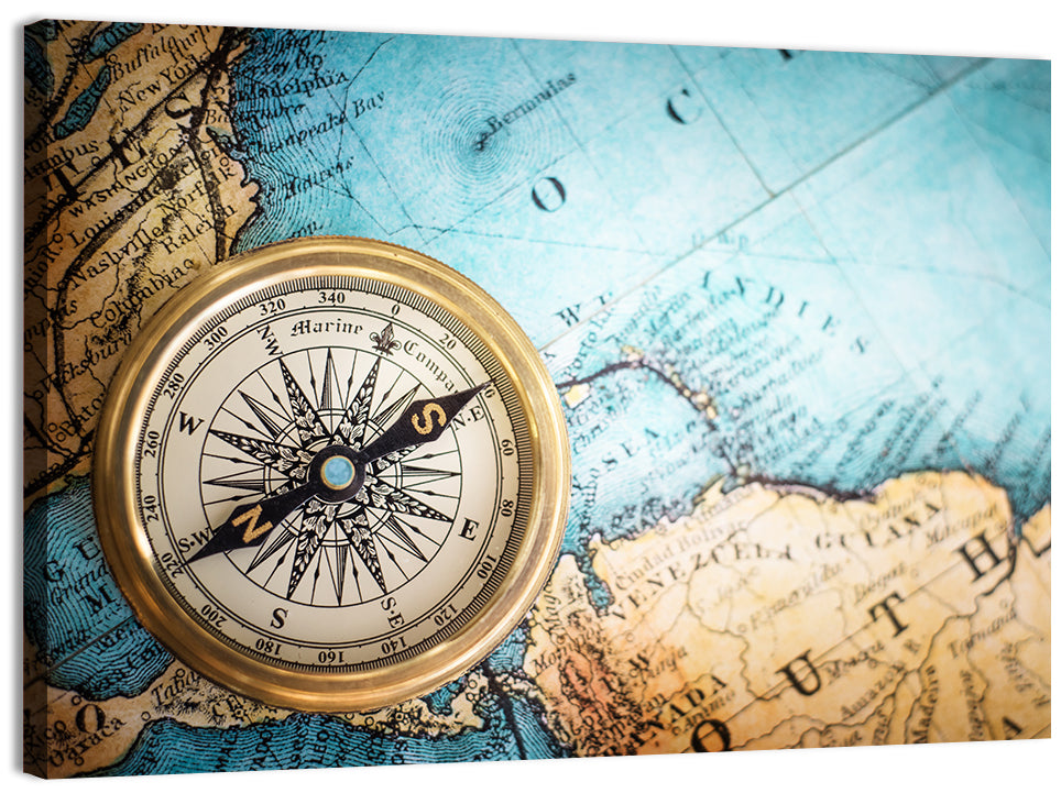 Vintage Compass Over Atlantic Map Wall Art, canvas print, landscape