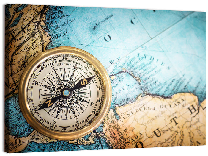 Vintage Compass Over Atlantic Map Wall Art as a canvas print