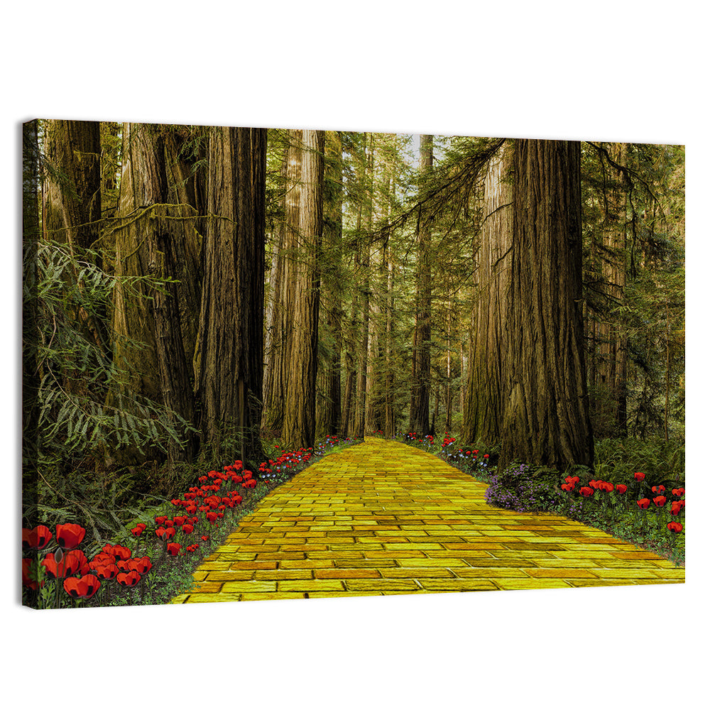 Yellow Brick Path Through Redwoods Wall Art, canvas print, landscape