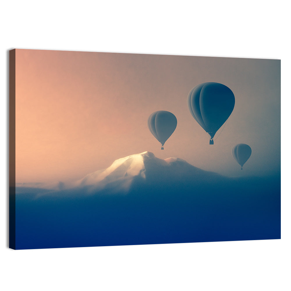 Three Hot Air Balloons Over Misty Peak Wall Art, canvas print, landscape