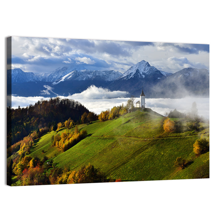 Jamnik Church on Misty Hill Wall Art as a canvas print