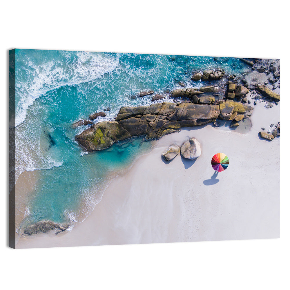 Aerial Beach with Rainbow Umbrella Wall Art, canvas print, landscape