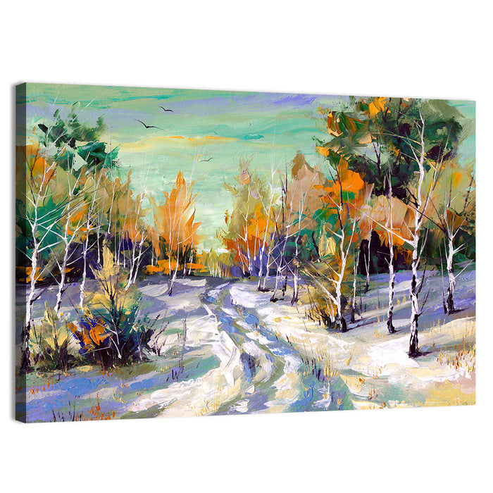 Winter Birch Forest Path Wall Art as a canvas print