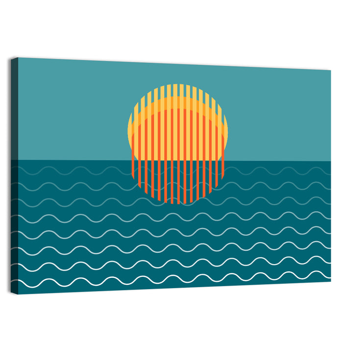 Teal Ocean Sunset Illustration Wall Art as a canvas print