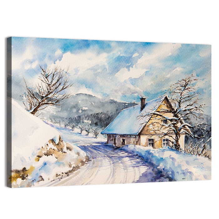 Snowy Mountain Cottage on Curved Path Wall Art as a canvas print