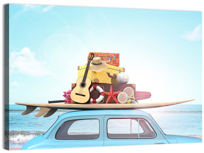 Vintage Car with Surfboard Wall Art as a canvas print