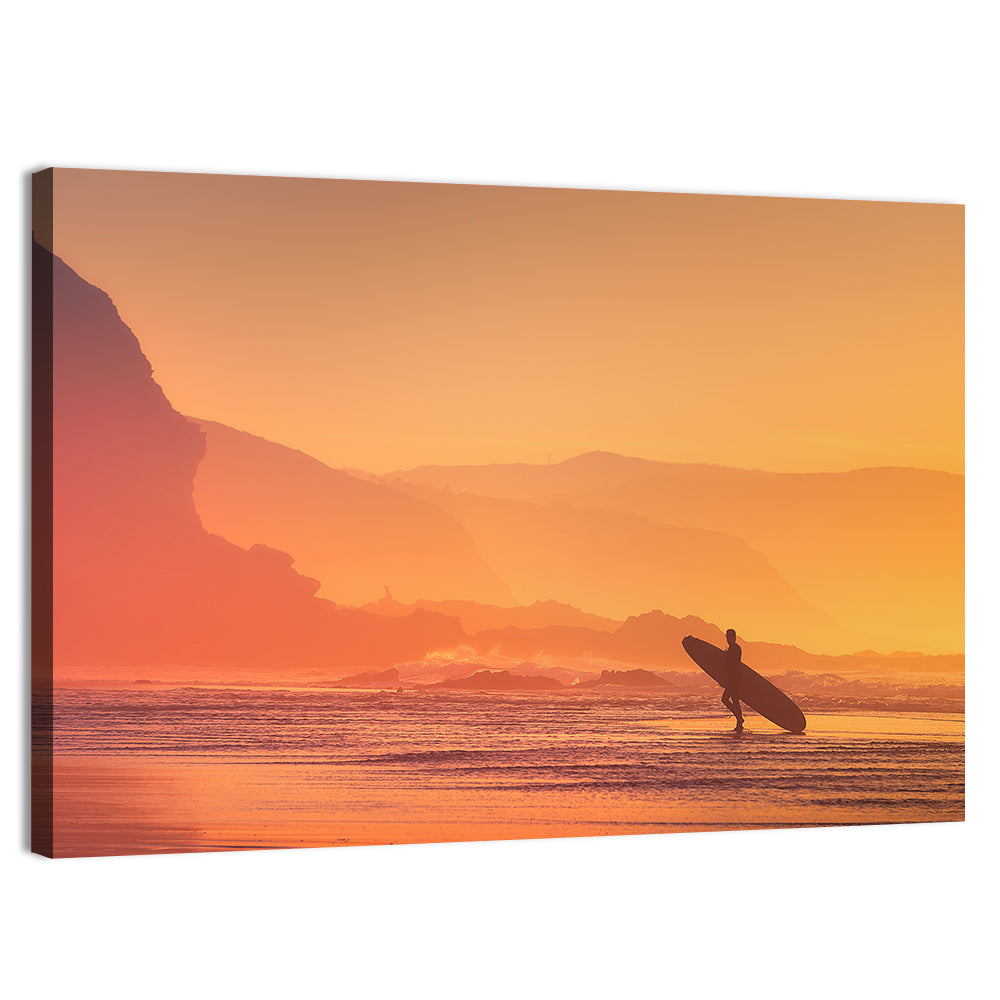 Surfer Silhouette at Golden Sunset Wall Art