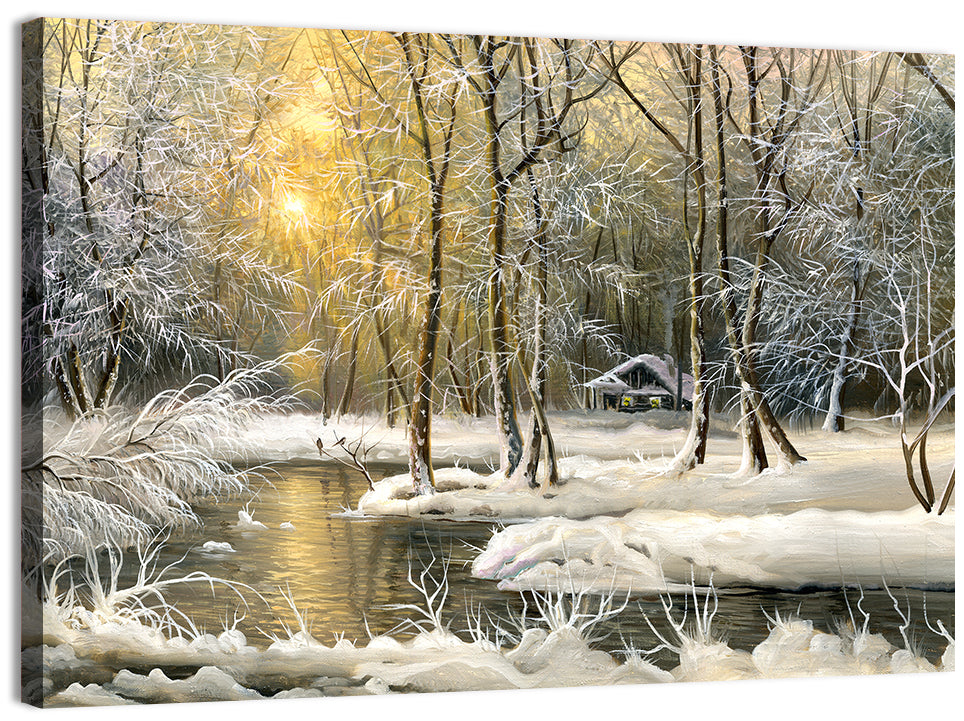 Sunlit Winter Cabin Wall Art, canvas print, landscape