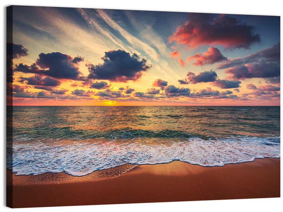 Golden Hour Beach Waves Under Cloudy Sky Wall Art