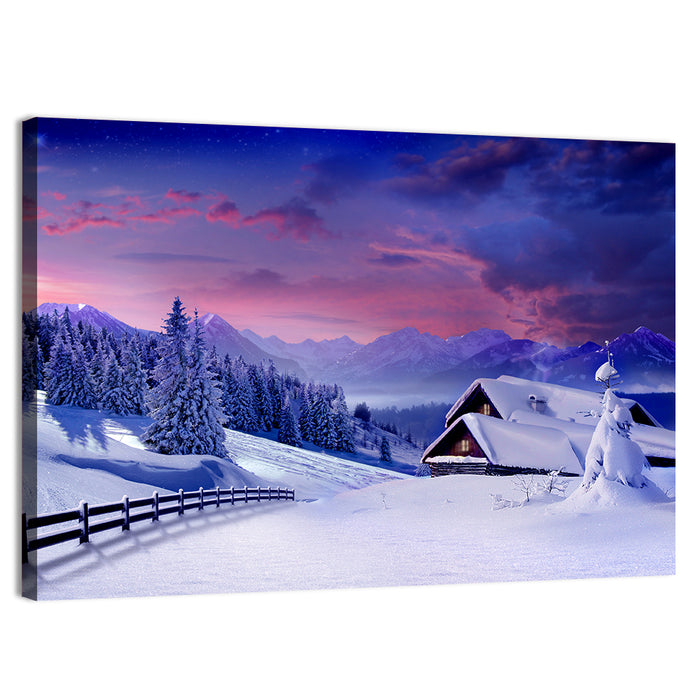 Snowy Mountain Cabin Wall Art as a canvas print