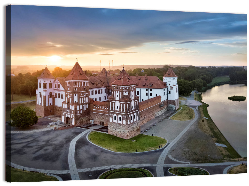 Mir Castle Sunrise Over Lake Wall Art, canvas print, landscape