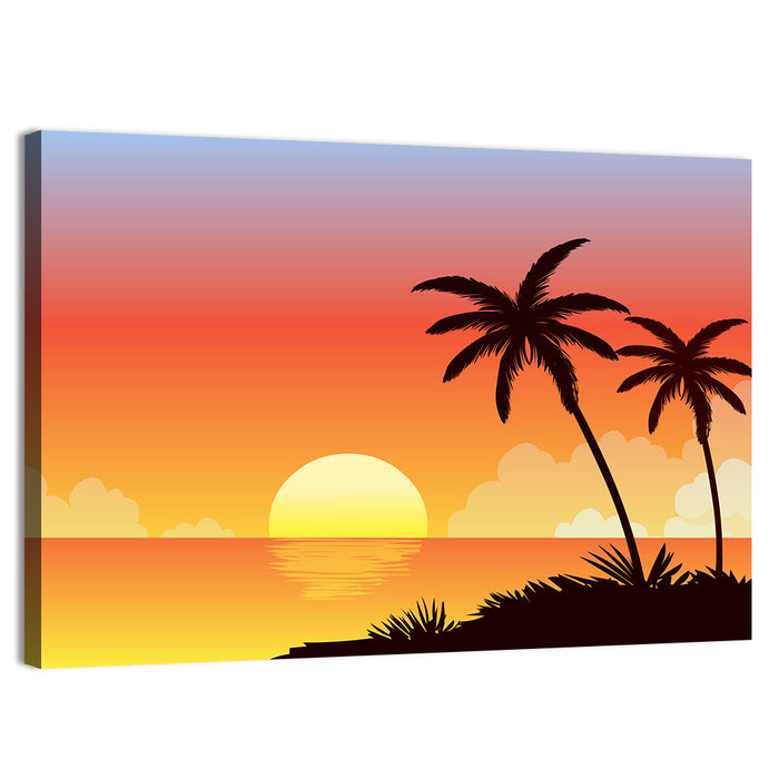 Tropical Beach Sunset Illustration Wall Art as a canvas print