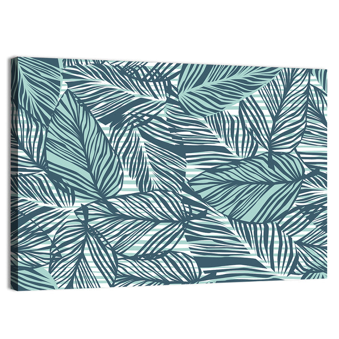 Striped Blue Palm Leaves Pattern Wall Art as a canvas print