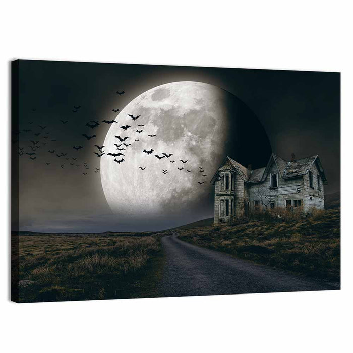 Haunted House Under Full Moon Wall Art as a canvas print