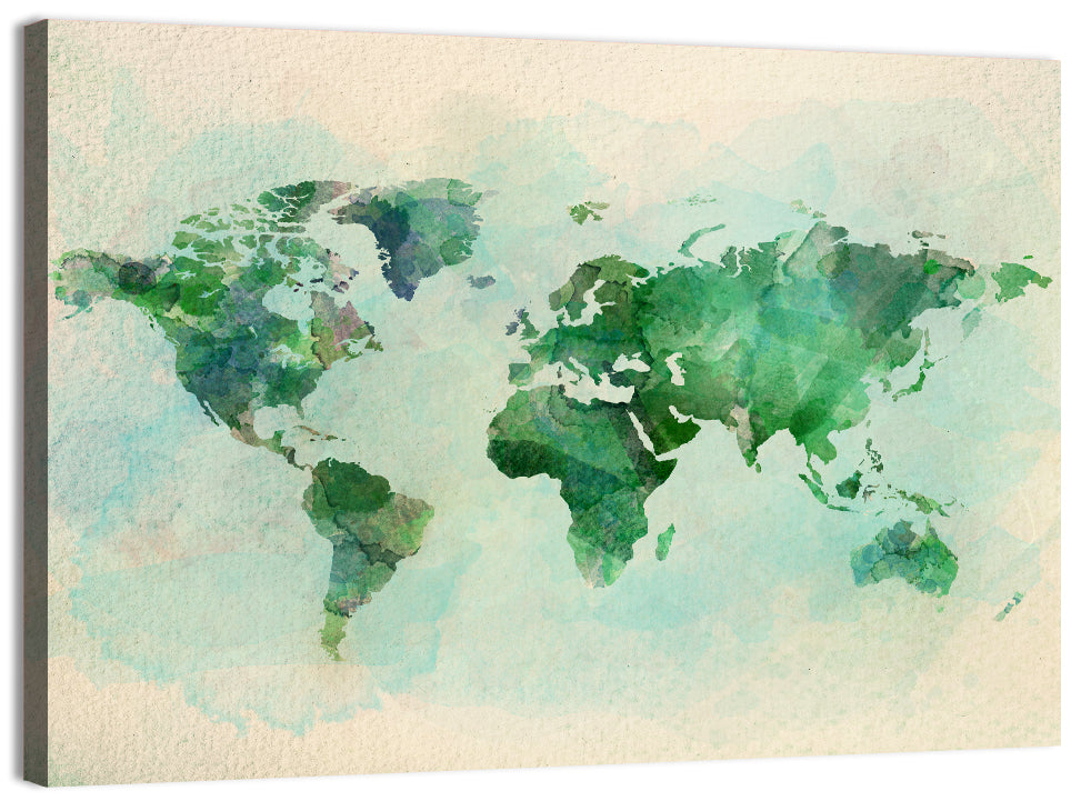 Green Watercolor World Map Wall Art, canvas print, landscape