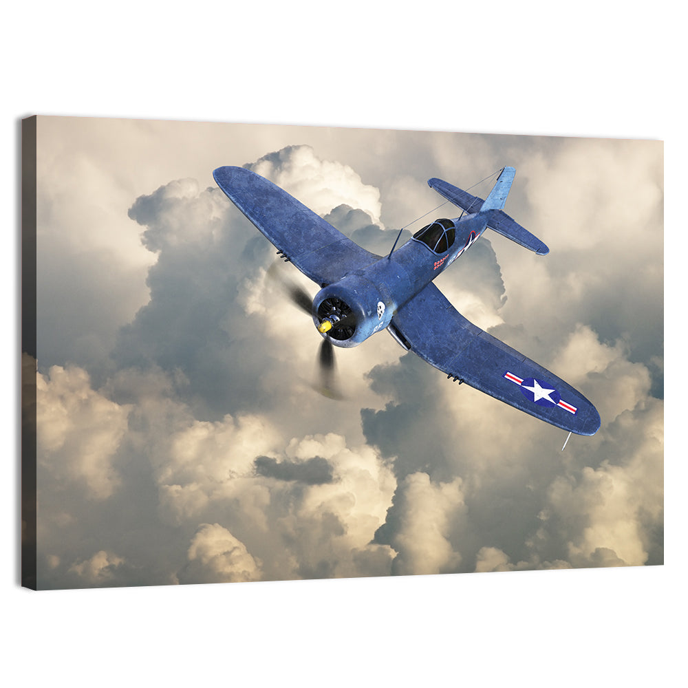 Wwii Fighter Plane Over Clouds Wall Art, canvas print, landscape