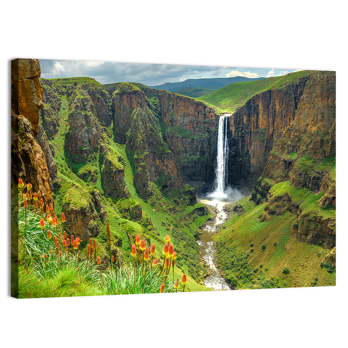 Maletsunyane Falls with Torch Lilies Wall Art as a canvas print