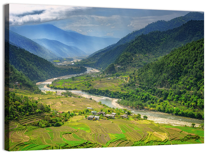 Punakha River Valley with Terraced Rice Fields Wall Art as a canvas print