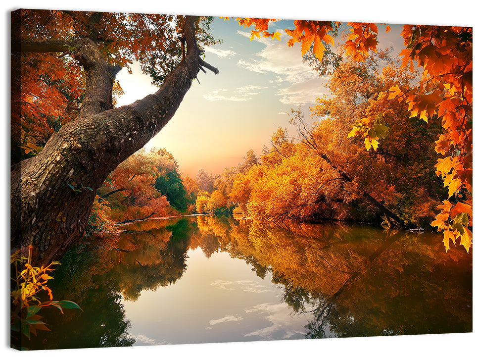 Golden Autumn River Reflections Wall Art, canvas print, landscape