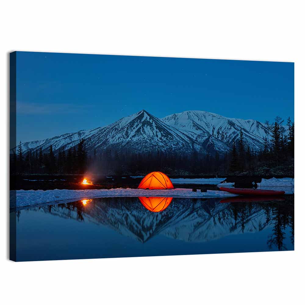 Glowing Tent at Mountain Lake Wall Art, canvas print, landscape