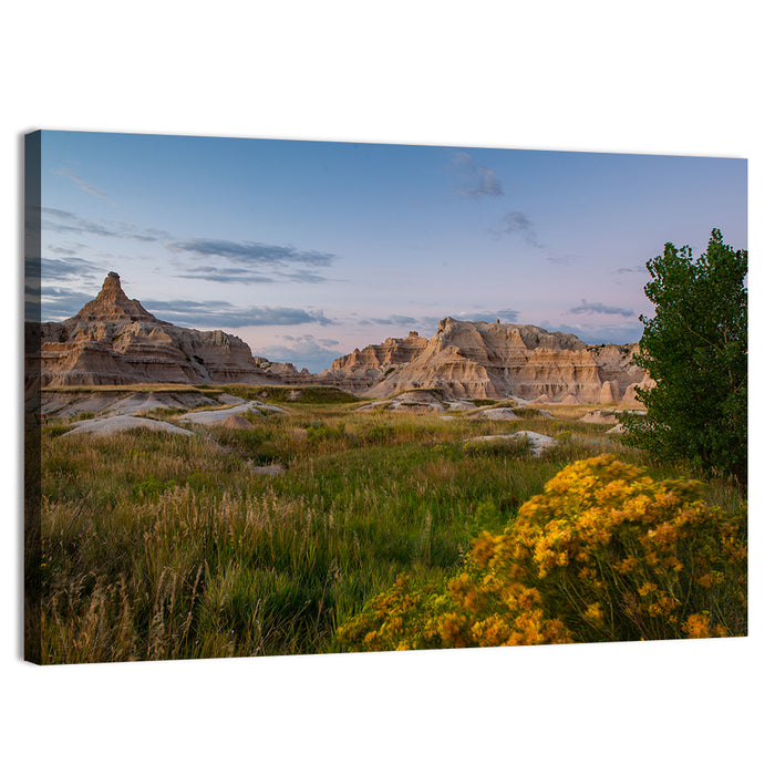 Badlands Golden Hour Meadow Wall Art as a canvas print