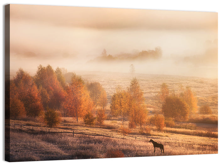 Autumn Morning Horse Silhouette Wall Art as a canvas print