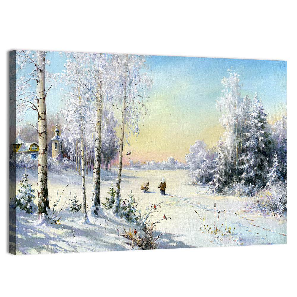 Birch-framed Winter Village Wall Art, canvas print, landscape