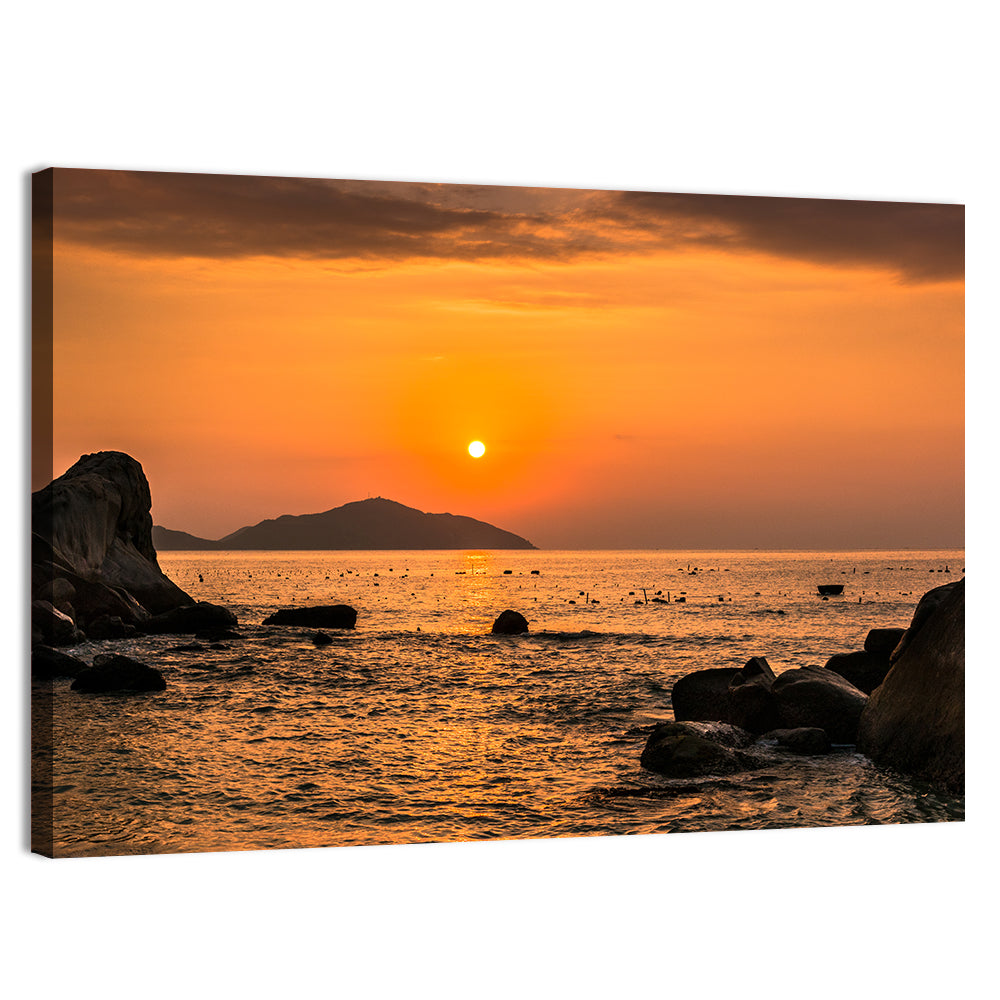Orange Sunrise Over Rocky Coast Wall Art, canvas print, landscape