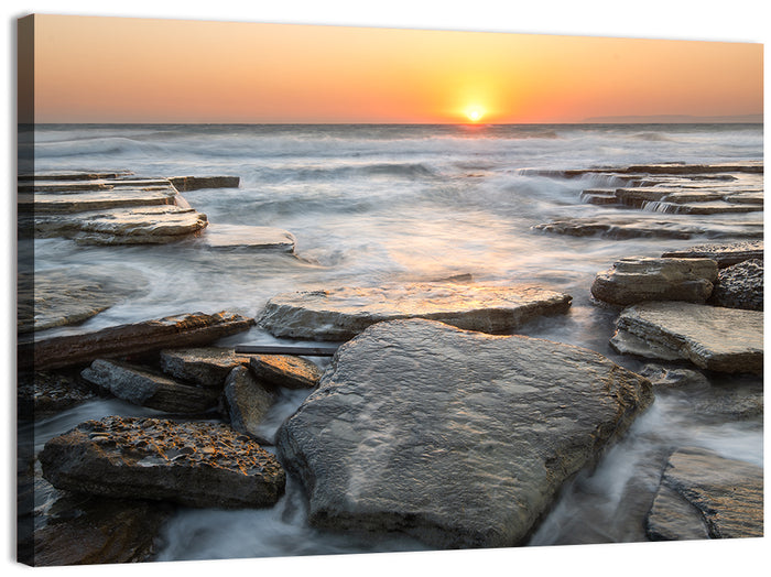 Golden Hour Rock Shoreline Sunset Wall Art as a canvas print