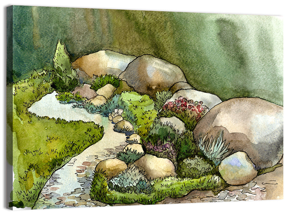Watercolor Rock Garden Stream Wall Art, canvas print, landscape