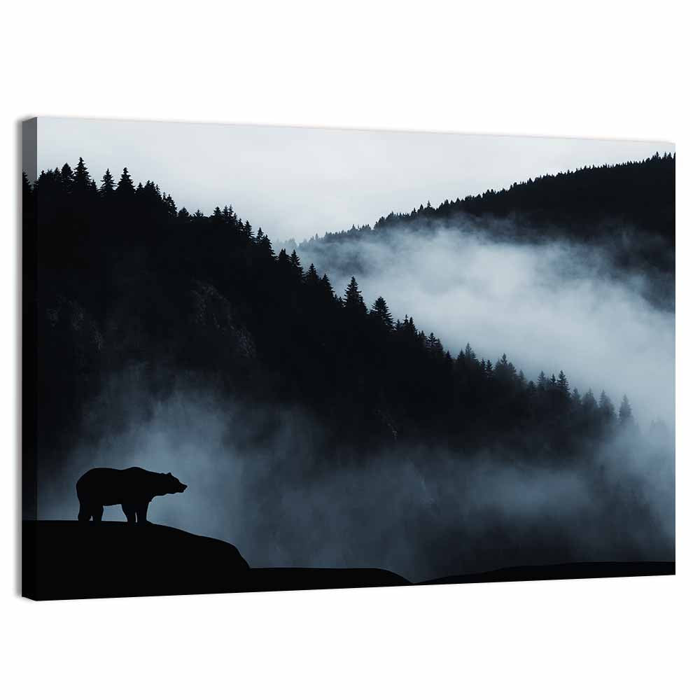 Bear Silhouette on Misty Cliff Wall Art