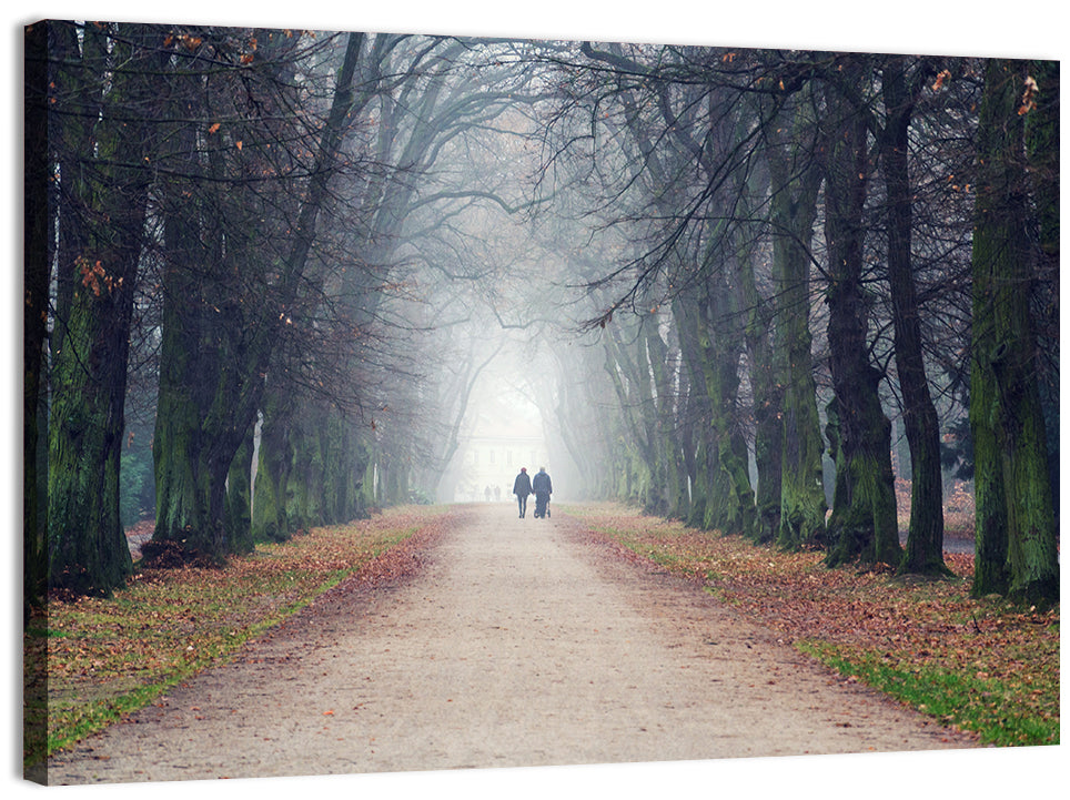 Foggy Tree Lined Walkway in Autumn Wall Art