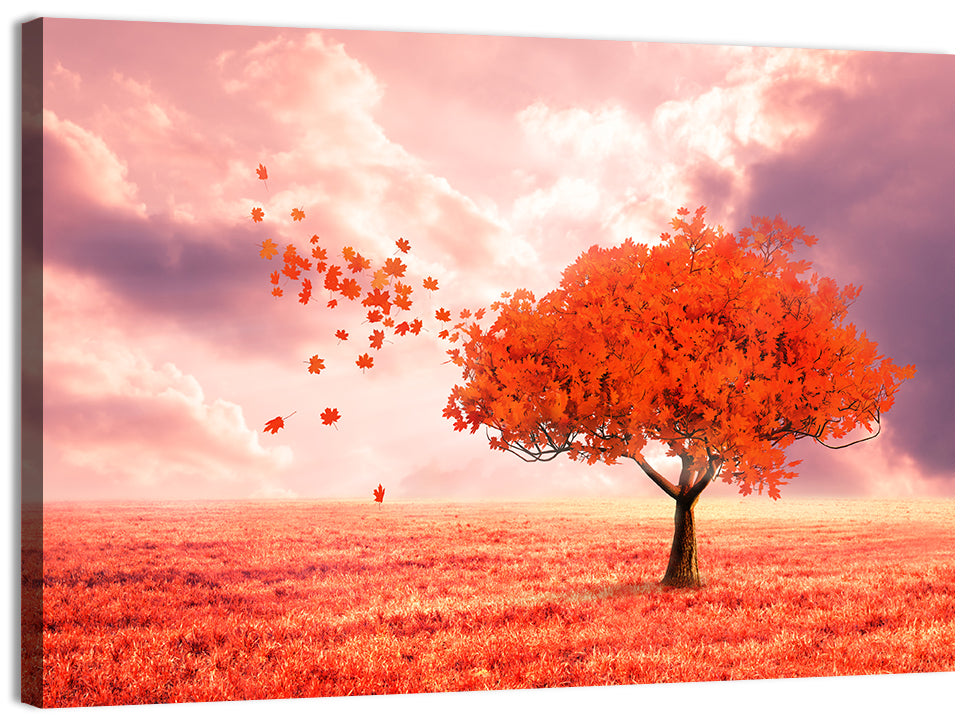 Windblown Red Autumn Tree Wall Art, canvas print, landscape