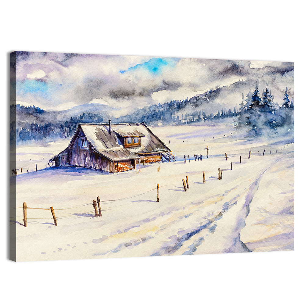 Snowy Mountain Cabin Landscape Wall Art, canvas print, landscape