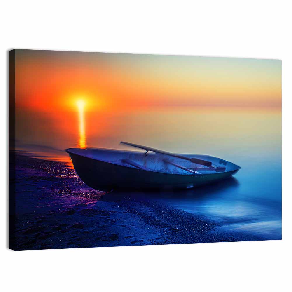 Rowboat on Sandy Shore at Sunset Wall Art, canvas print, landscape
